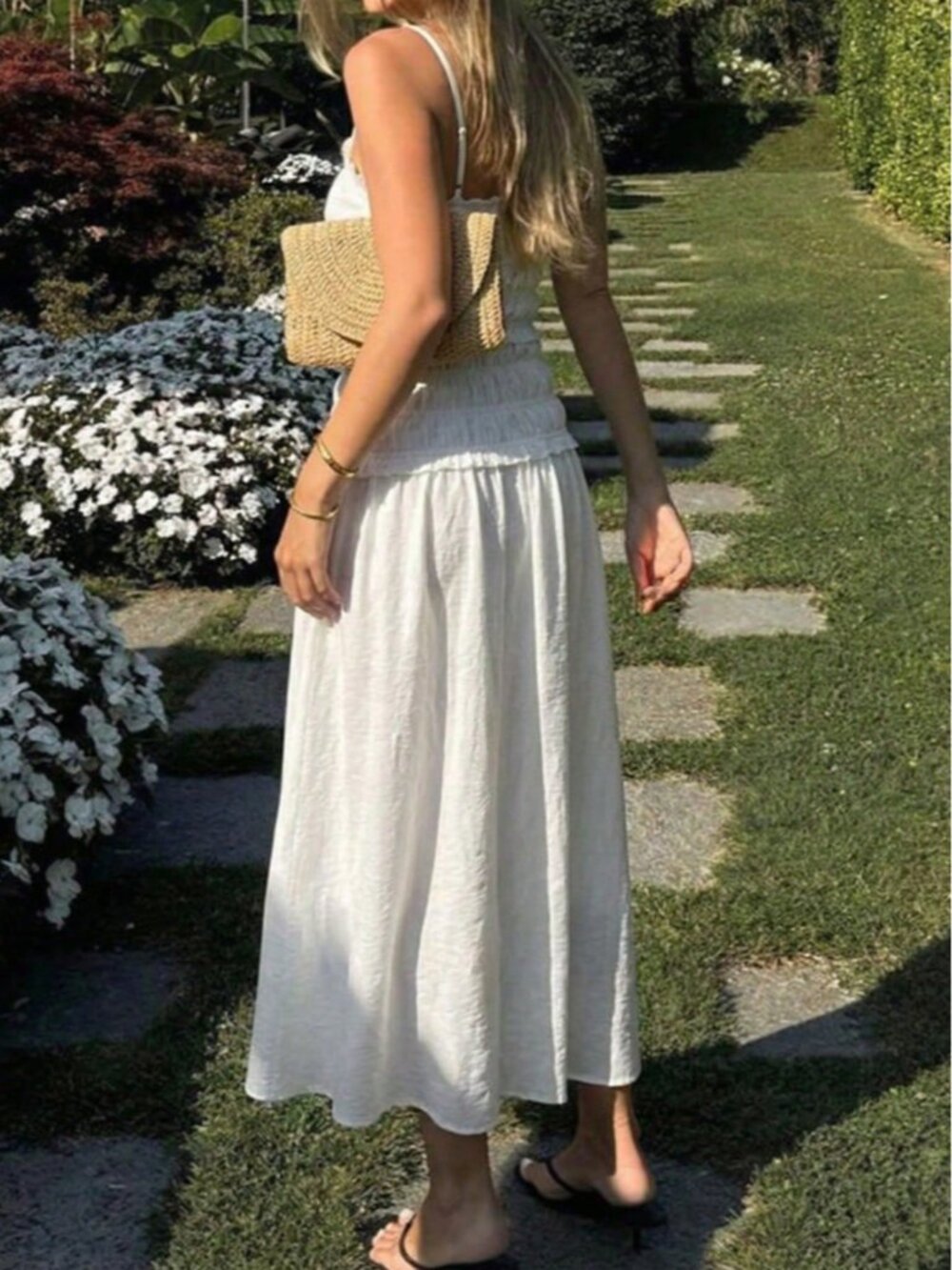 White Elegant Women's Multi-Layer Ruffle Slim Fit Spaghetti Strap Maxi Dress - Picture 2 of 7